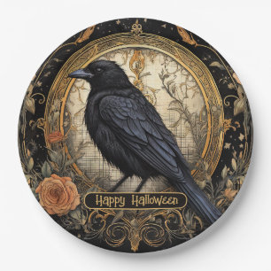 Halloween Party Evil Black Crow Orange Flowers Paper Plate