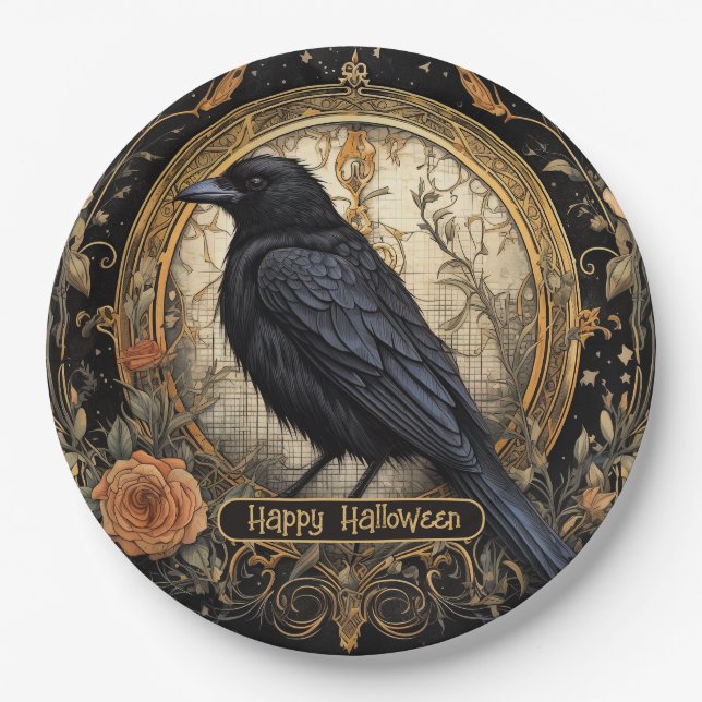 Halloween Party Evil Black Crow Orange Flowers Paper Plate (Front)
