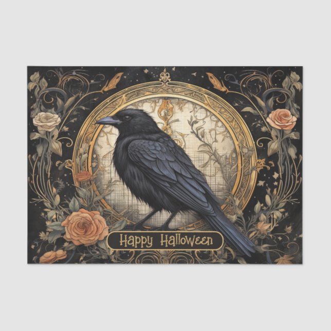 Halloween Party Evil Black Crow Orange Flowers Tissue Paper (Front)