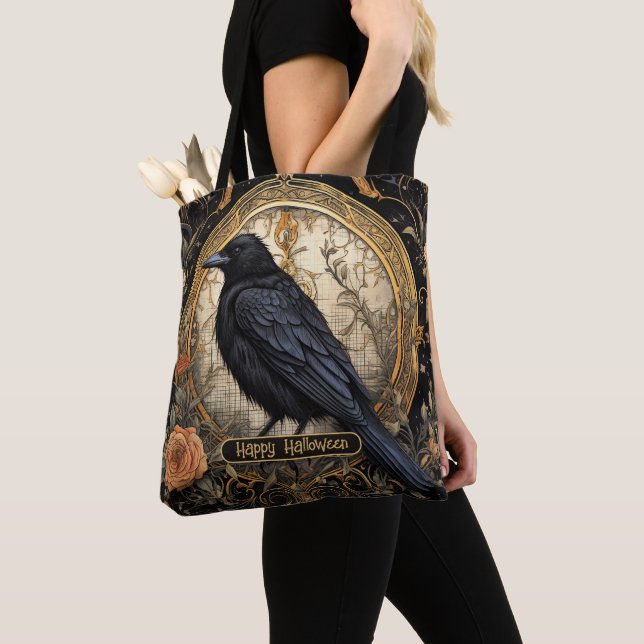 Halloween Party Evil Black Crow Orange Flowers Tote Bag (Close Up)
