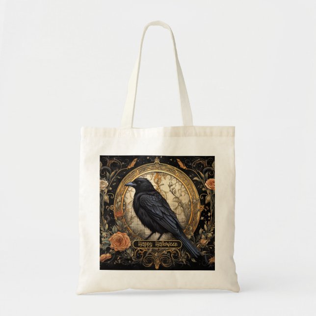 Halloween Party Evil Black Crow Orange Flowers Tote Bag (Front)