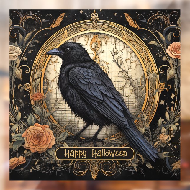 Halloween Party Evil Black Crow Orange Flowers Window Cling (Sheet 2)