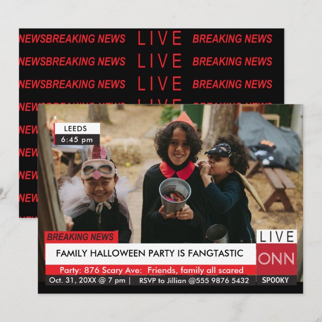 Halloween Party Family Breaking TV News Fabulous  Invitation (Front/Back)