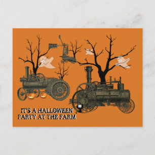 HALLOWEEN PARTY @ FARM STEAM ENGINE WINDMILL GHOST INVITATION POSTCARD