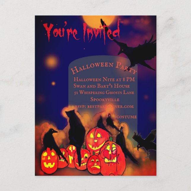 Halloween Party Full Moon Pumpkins Ravens Cat  Postcard (Front)
