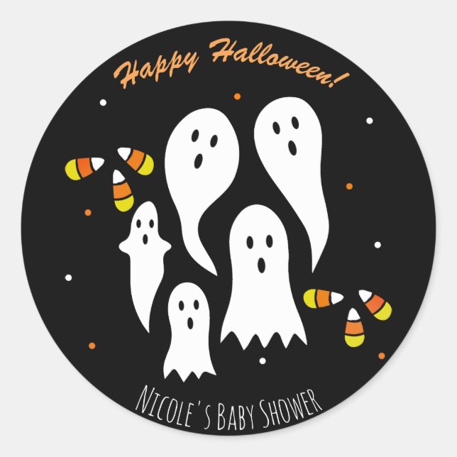 Halloween Party Ghosts & Candy Corn Black Orange Classic Round Sticker (Front)