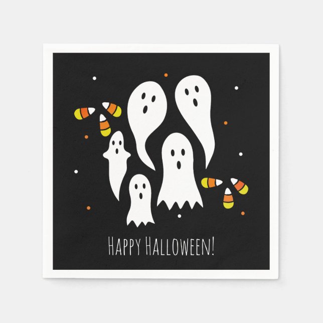 Halloween Party Ghosts & Candy Corn Black Orange Napkin (Front)