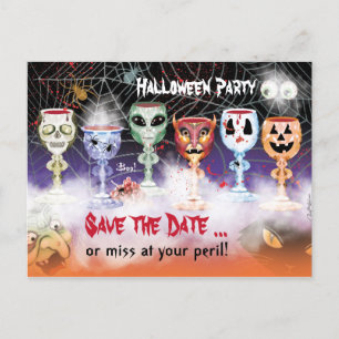 Halloween Party, Ghoulish Wine Goblets Invitation Postcard