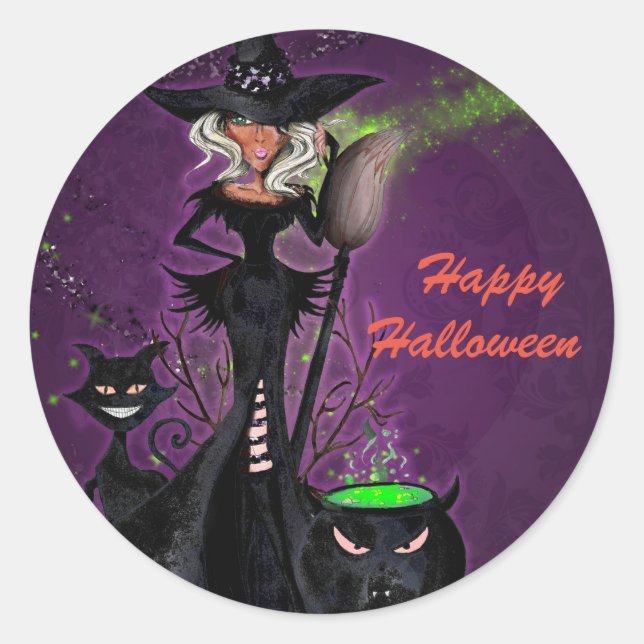 Halloween Party Glam Witch in Black Green Purple Classic Round Sticker (Front)