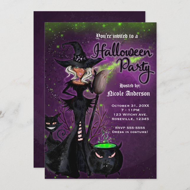 Halloween Party Glam Witch in Black Green Purple Invitation (Front/Back)