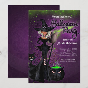 Halloween Party Glam Witch in Black Green Purple Invitation