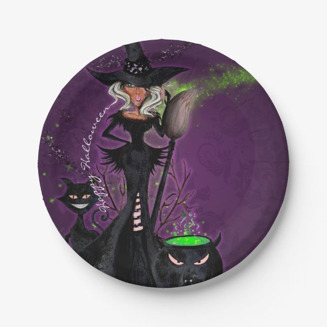 Halloween Party Glam Witch in Black Green Purple Paper Plate (Front)