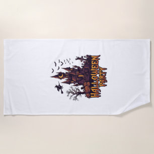 Halloween Party Haunted Castle Pumpkins Bats Beach Towel