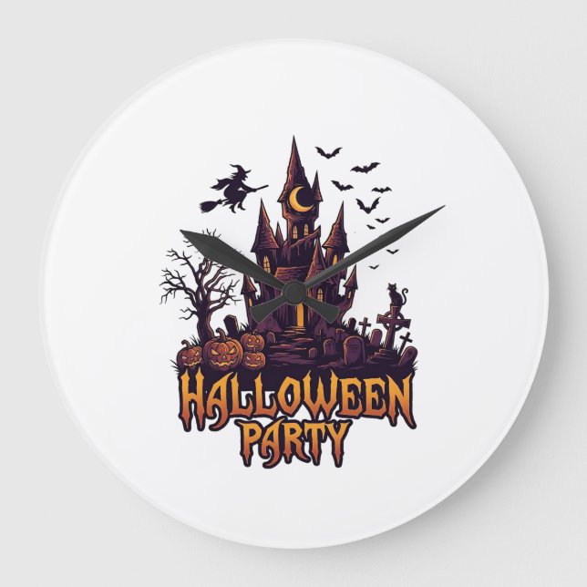 Halloween Party Haunted Castle Pumpkins Bats Large Clock (Front)
