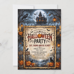 Halloween Party Haunted House Bats Black Cat Invitation