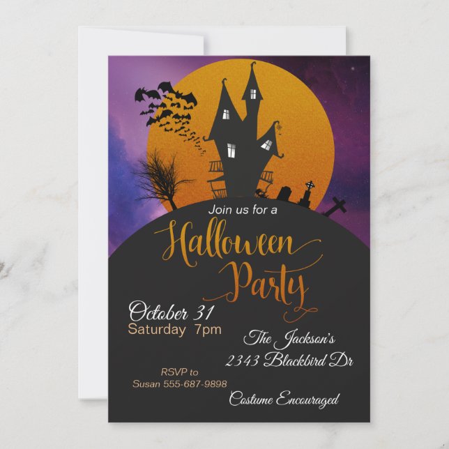 Halloween Party Haunted House Bats Orange Purple Invitation (Front)