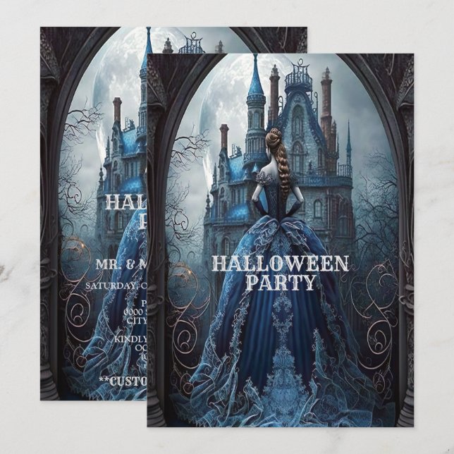 Halloween Party Haunted House Blue Night Scary Invitation (Front/Back)
