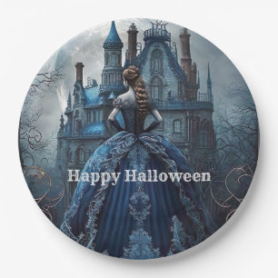 Halloween Party Haunted House Blue Night Scary Paper Plate