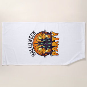 Halloween Party Haunted House Pumpkin Bats_1 Beach Towel