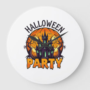 Halloween Party Haunted House Pumpkin Bats_1 Large Clock