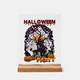 Halloween Party Haunted House Tree Pumpkins Black Acrylic Sign