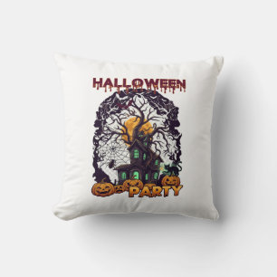 Halloween Party Haunted House Tree Pumpkins Black  Cushion
