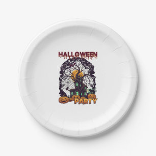 Halloween Party Haunted House Tree Pumpkins Black Paper Plate