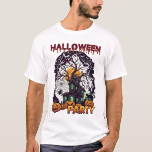 Halloween Party Haunted House Tree Pumpkins Black  T-Shirt