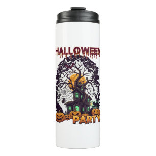 Halloween Party Haunted House Tree Pumpkins Black Thermal Tumbler