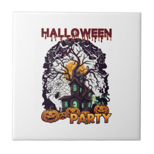Halloween Party Haunted House Tree Pumpkins Black  Tile