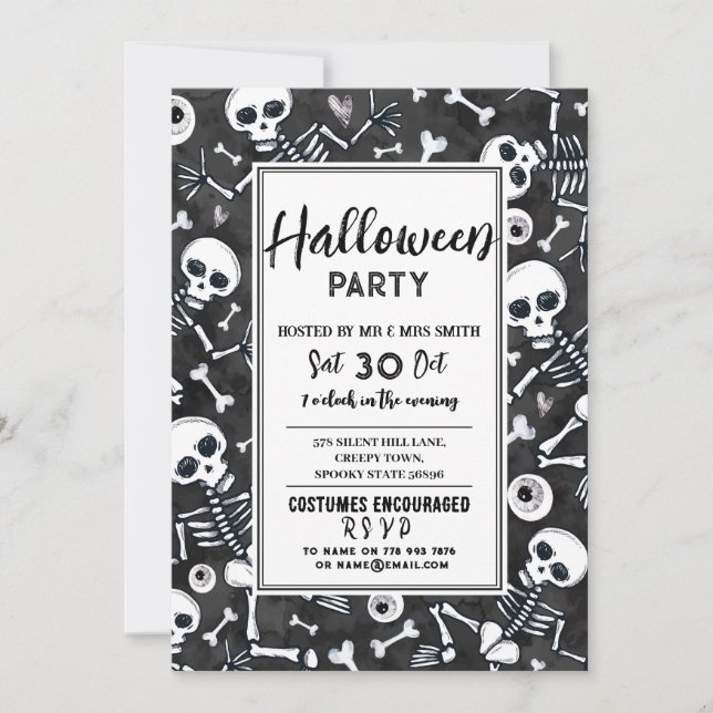 Halloween Party Haunted Skeltons Black White Invitation (Front)