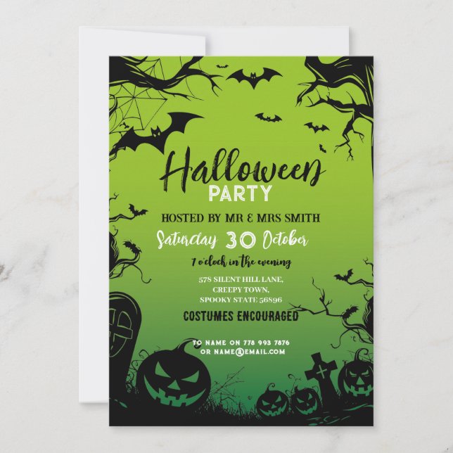 Halloween Party Haunted Woods Bats Green  Invitation (Front)