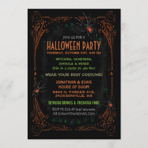 Halloween Party Invitation - Black Orange Spiders