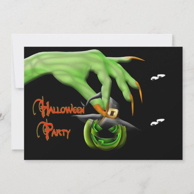 Halloween Party Invitation - Green Witch Hand (Front)