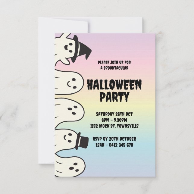 Halloween party invitation rainbow pastel ghost (Front)