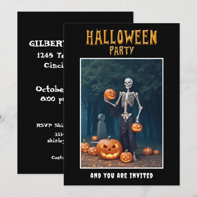 Halloween Party invitation Skeleton among Pumpkins (Front/Back)