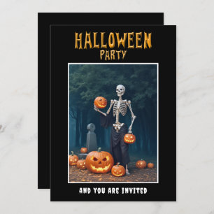 Halloween Party invitation Skeleton among Pumpkins