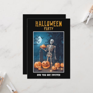 Halloween Party invitation Skeleton holds Pumpkin