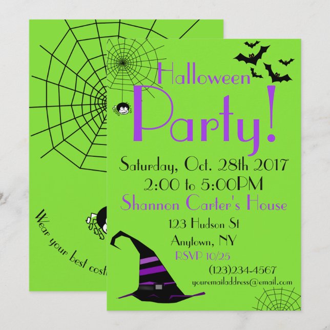 Halloween Party Invitation Spider Bats Kids (Front/Back)