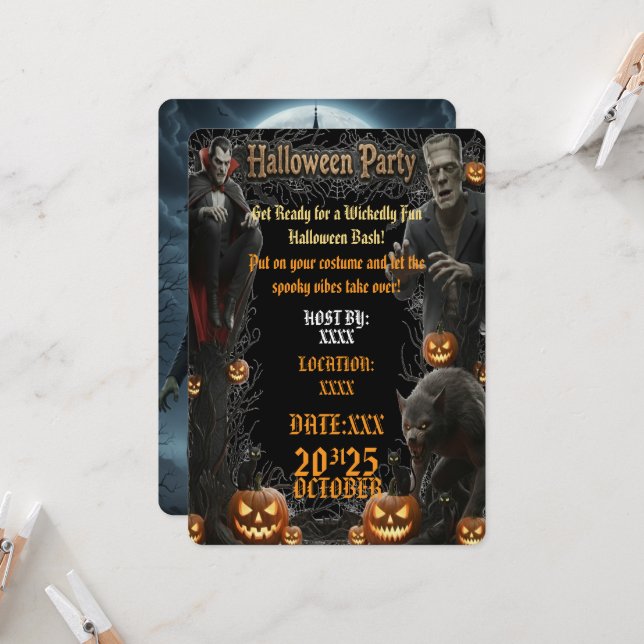Halloween Party Invitation Spooky Monsters Frame (Front/Back In Situ)
