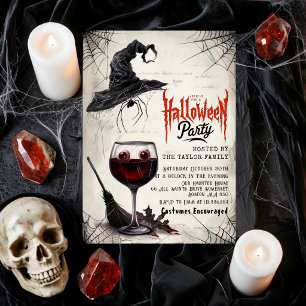 Halloween Party Invitation   Witch Hat Wine Glass 