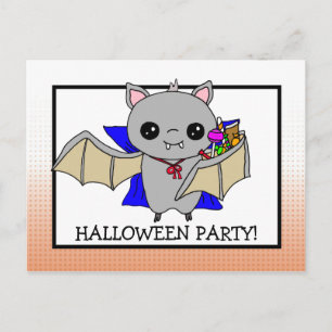 Halloween Party Invitation with Bat Holding Candy Postcard