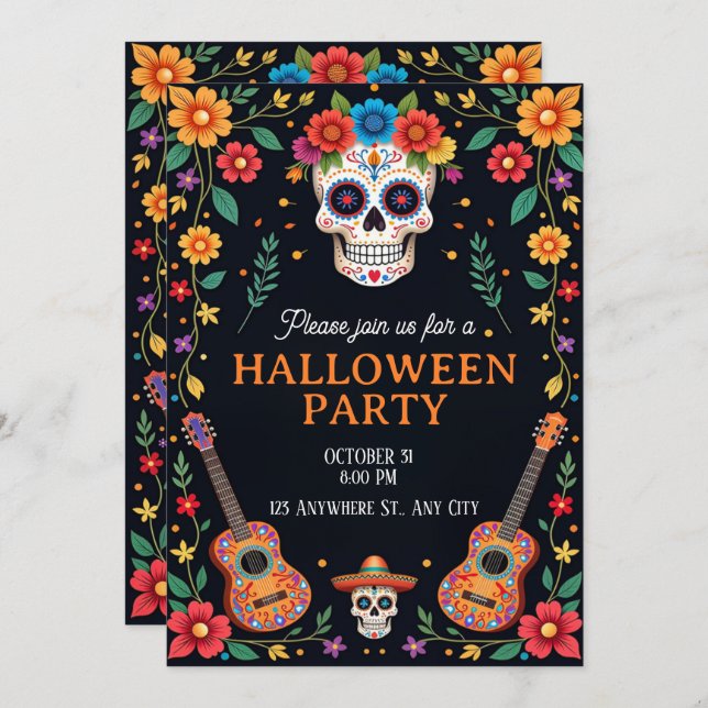 Halloween Party Invitation with Colourful Skulls (Front/Back)