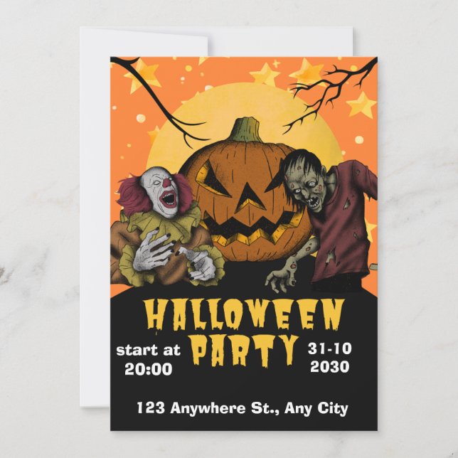 Halloween Party Invitation | Zombie & Clown Theme (Front)