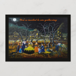 Halloween party invitations, witches with cauldron invitation