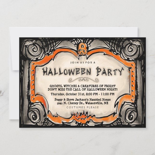 Halloween Party Invite - Black & Orange Border (Front)