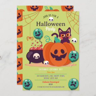 Halloween Party Invite Ghosts Pumpkins Cats Spider