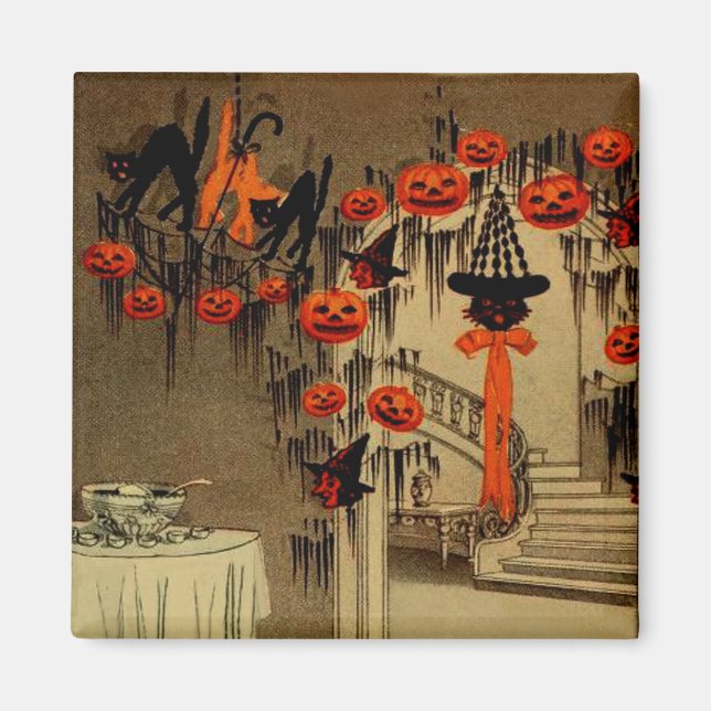 Halloween Party Jack O Lantern Pumpkin Black Cat Magnet (Front)