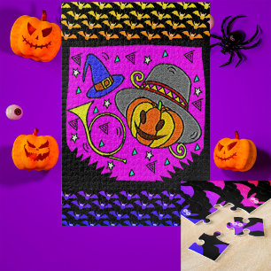 Halloween Party Jack O'Lantern Bugle Purple Large Jigsaw Puzzle
