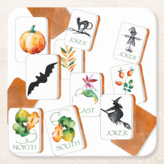 Halloween Party Mahjong Tiles  Square Paper Coaster